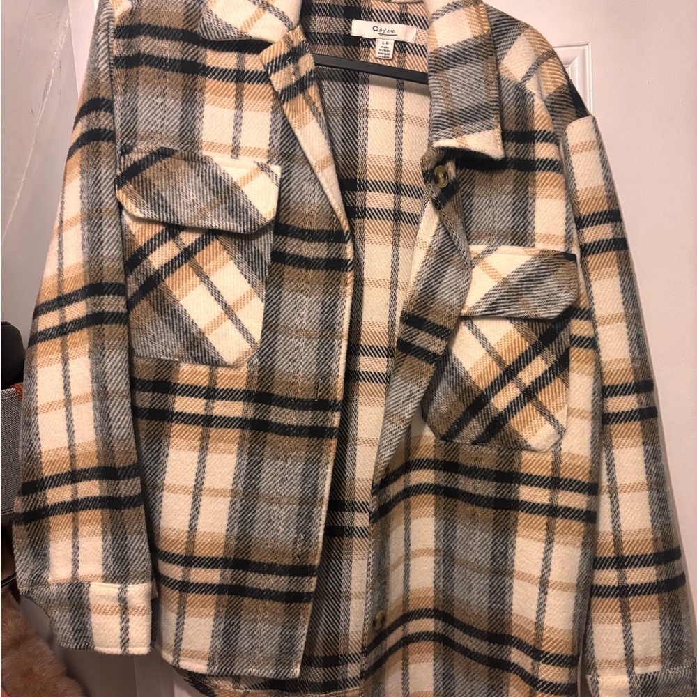 Cider Plaid Utility Jacket in Cream, Black, and Tan